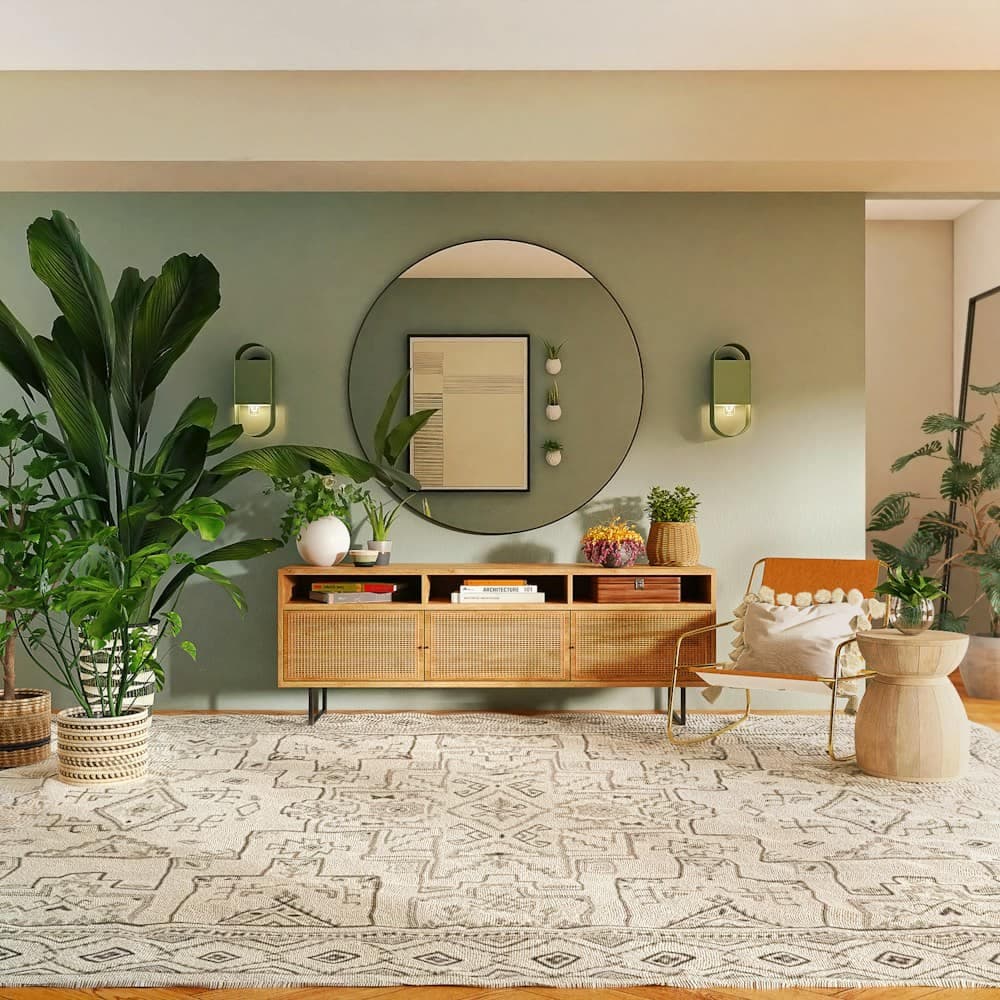 Sunlit modern living room with warm ambient fragrance