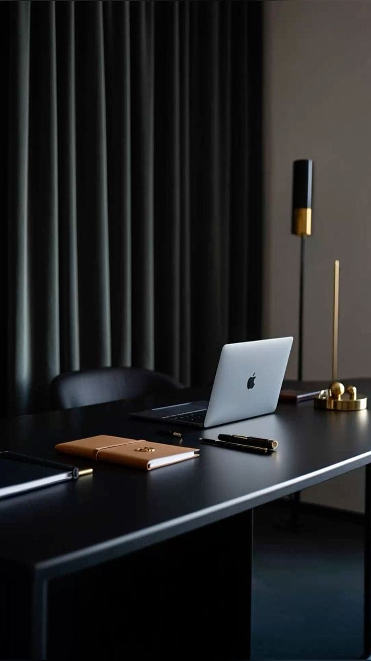 Executive desk with laptop, leather notebook and brass accents in a dark, elegant office